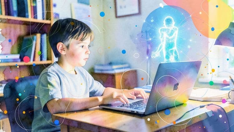 Dziecko uczące się z pomocą sztucznej inteligencji przy laptopie